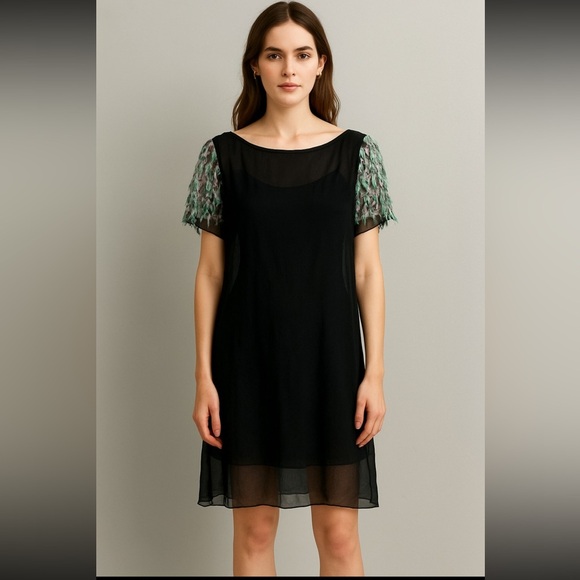 Antik Batik silk Black Dress with Colorful Sleeve Accents large - Picture 1 of 7